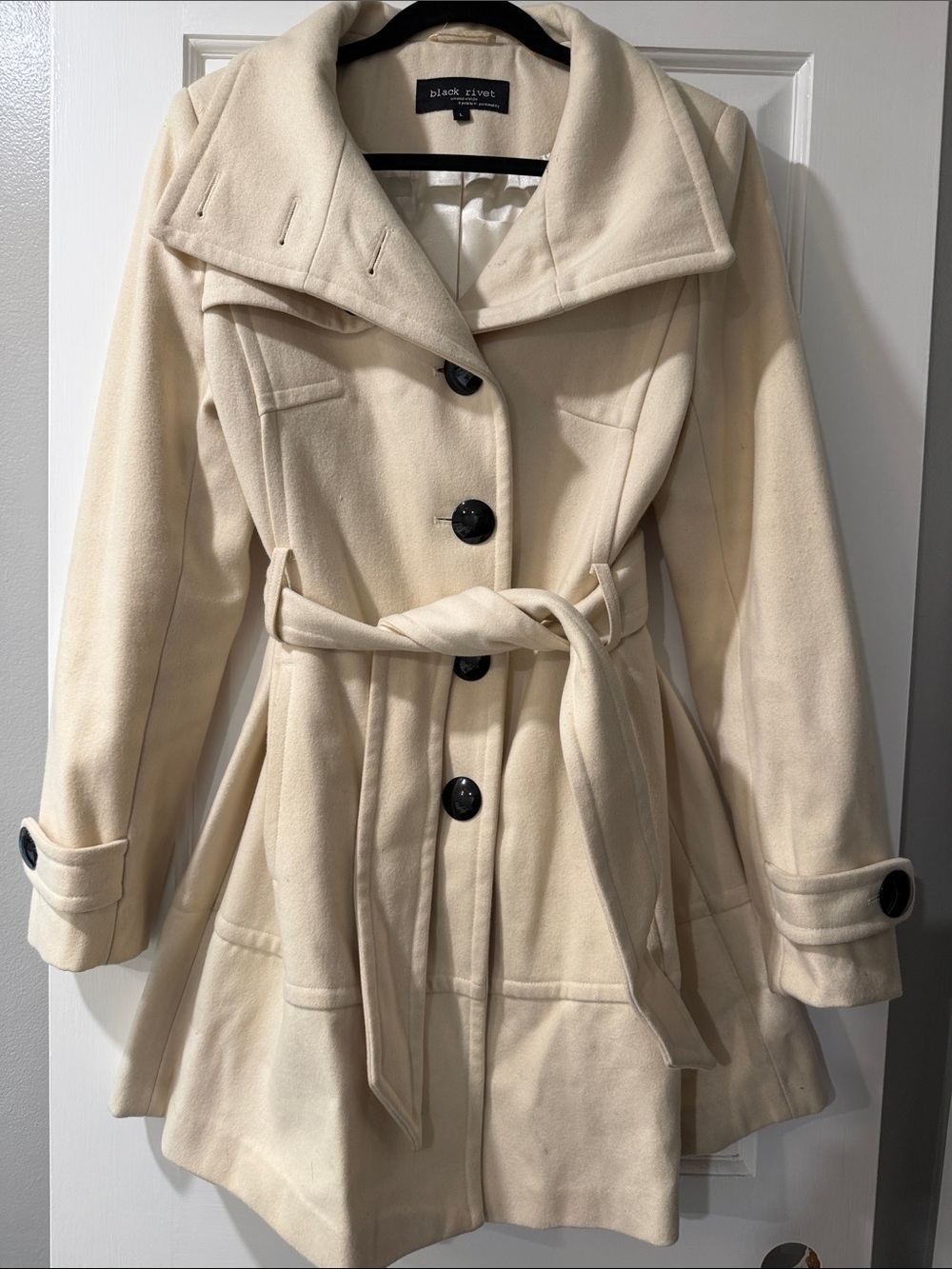 Black Rivet Cream Belted Pea Coat